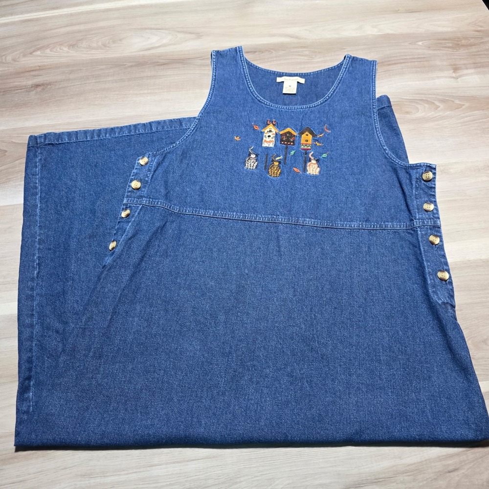 Bechamel‎ Denim Jumper Dress Womens M Cat Embroidered Vintage Fall Teacher Maxi
